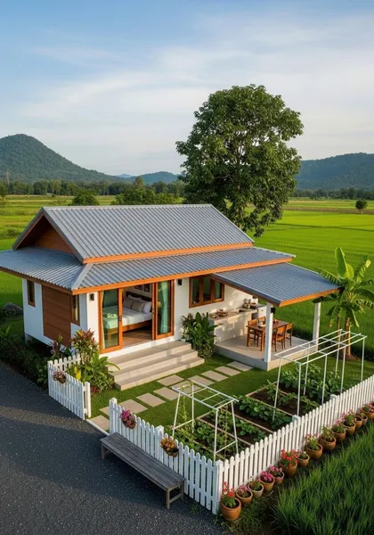 Mẫu nhà cấp 4 có sân vườn trồng rau và bếp ăn ngoài trời giữa đồng lúa xanh