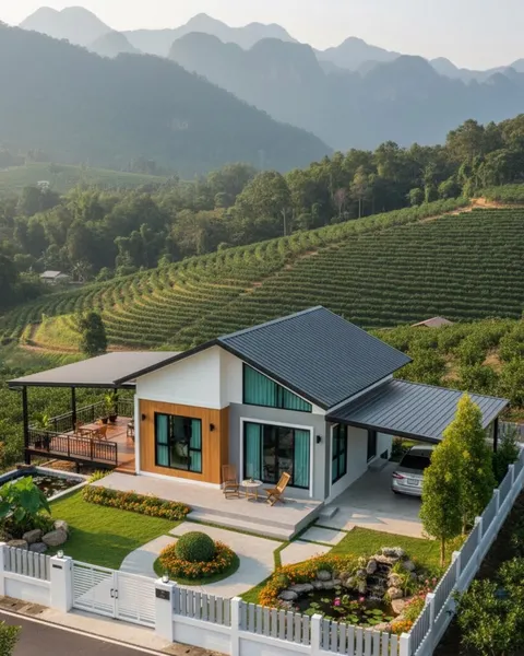 Mẫu nhà cấp 4 có sân vườn tiểu cảnh hồ cá và gara ô tô view đồi núi đẹp