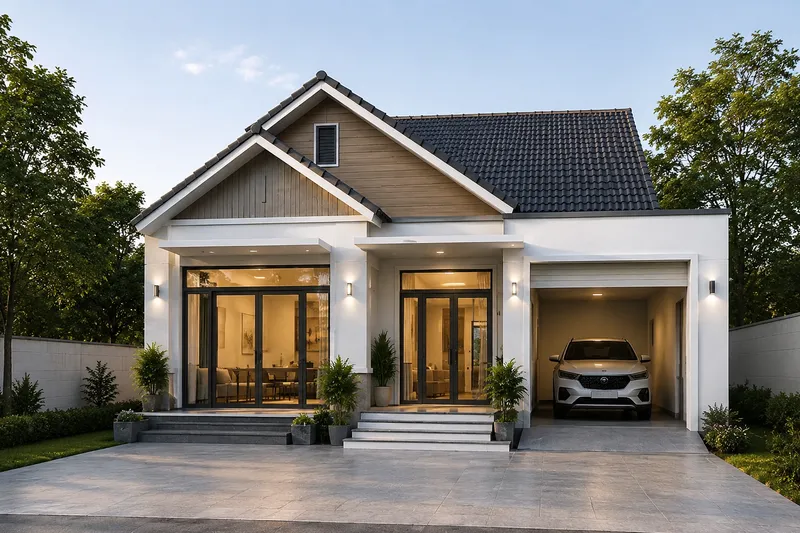 Mẫu nhà cấp 4 hiện đại 100m² tiện nghi, tích hợp gara ô tô sang trọng, thiết kế không gian mở với hệ cửa kính lớn và kiến trúc hài hòa.