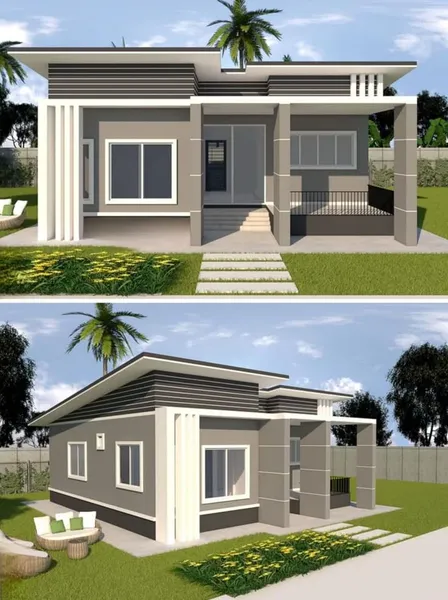 Phối cảnh mẫu nhà cấp 4 mái bằng hiện đại tone màu xám có sân vườn