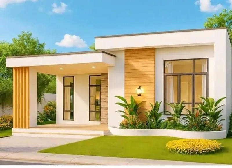 Mẫu nhà cấp 4 mái bằng hiện đại phối gỗ có sân vườn tiểu cảnh đẹp