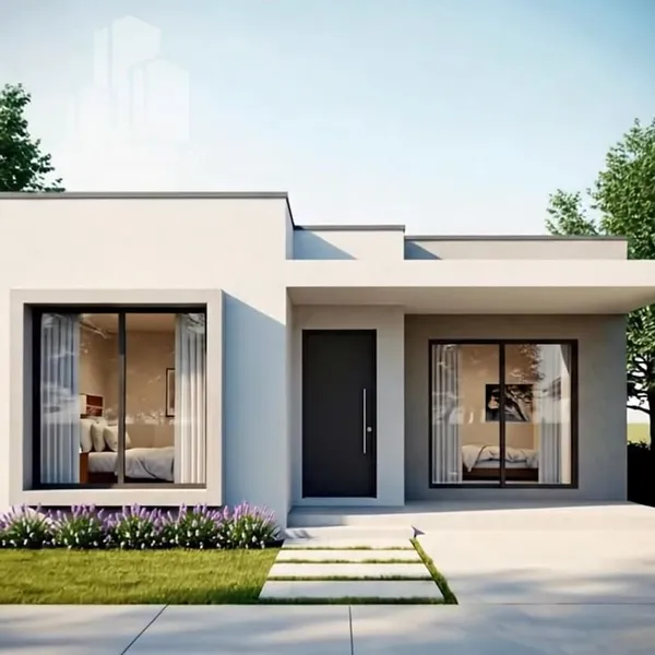 Thiết kế mặt tiền nhà cấp 4 mái bằng hiện đại tối giản có lối đi sân vườn