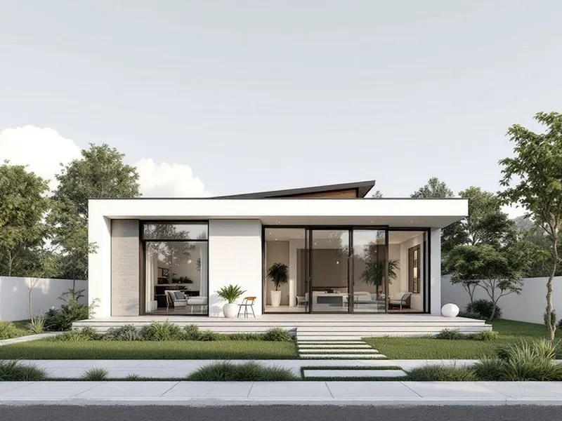 Mẫu biệt thự nhà cấp 4 mái bằng hiện đại có sân vườn và hệ cửa kính lớn sang trọng