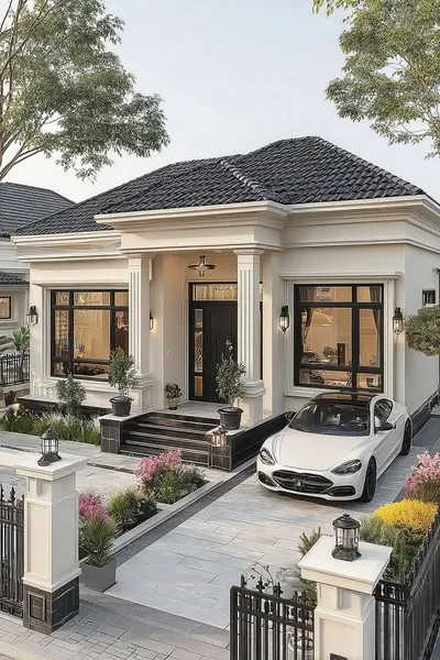 Thiết kế nhà cấp 4 mái Nhật cao cấp phong cách châu Âu. Nổi bật với hệ phào chỉ tinh tế, cửa kính lớn hiện đại, kết hợp sân vườn tiểu cảnh và chỗ đỗ xe rộng rãi.