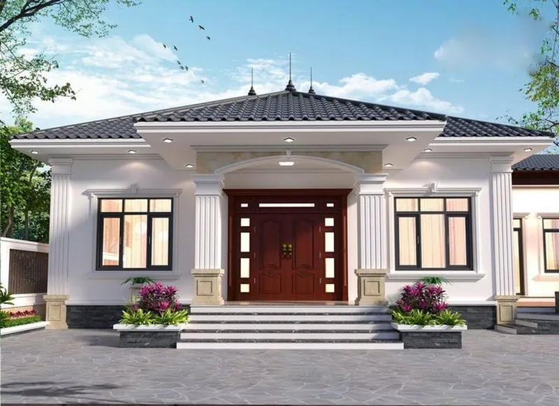 Phối cảnh 3D nhà cấp 4 mái Nhật màu trắng thanh lịch. Thiết kế phào chỉ tinh tế, cửa gỗ lớn cao cấp, công năng 3 phòng ngủ tiện nghi.