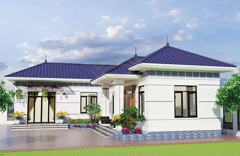 Thiết kế nhà cấp 4 chữ L mái Nhật xanh tím nổi bật, tường trắng hiện đại, sân vườn thoáng đãng.