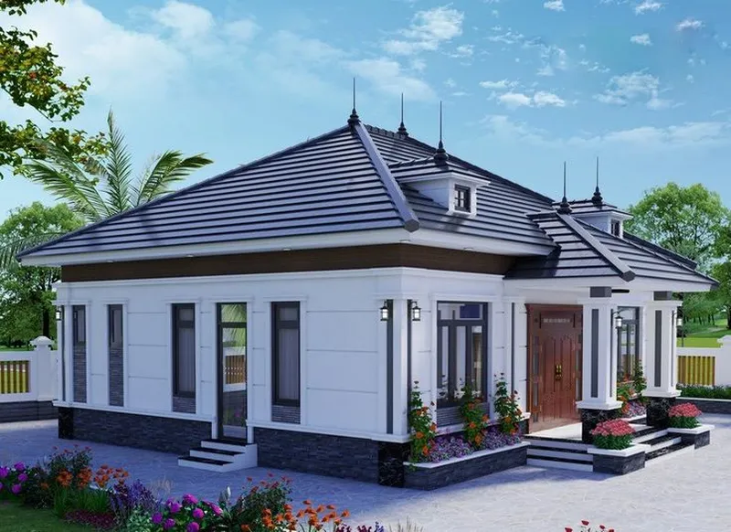 Phối cảnh nhà cấp 4 mái Nhật tân cổ điển góc nhìn nghiêng bên hông
