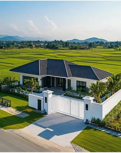 Biệt thự vườn cấp 4 mái Nhật mặt tiền 12m màu trắng nhìn từ trên cao, cổng và hàng rào trắng bao quanh, phía sau là cánh đồng lúa xanh.