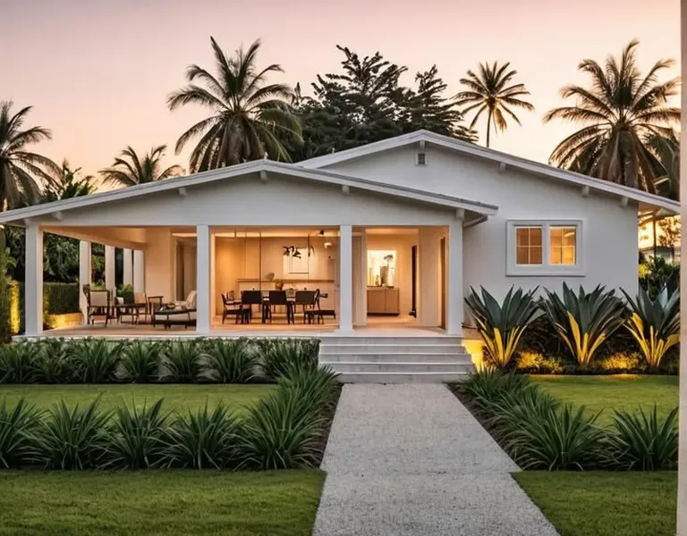 Mẫu nhà cấp 4 phong cách Tropical Modern hiện đại có sân vườn và hàng cây cọ