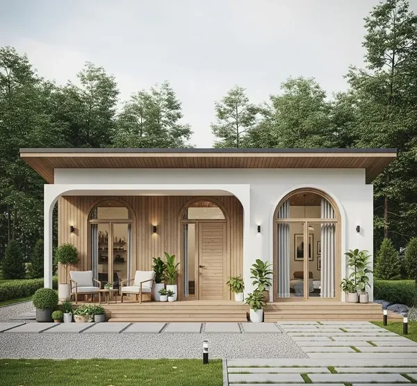 Mẫu nhà cấp 4 phong cách Tropical Modern ốp gỗ có cửa vòm và sân vườn hiện đại
