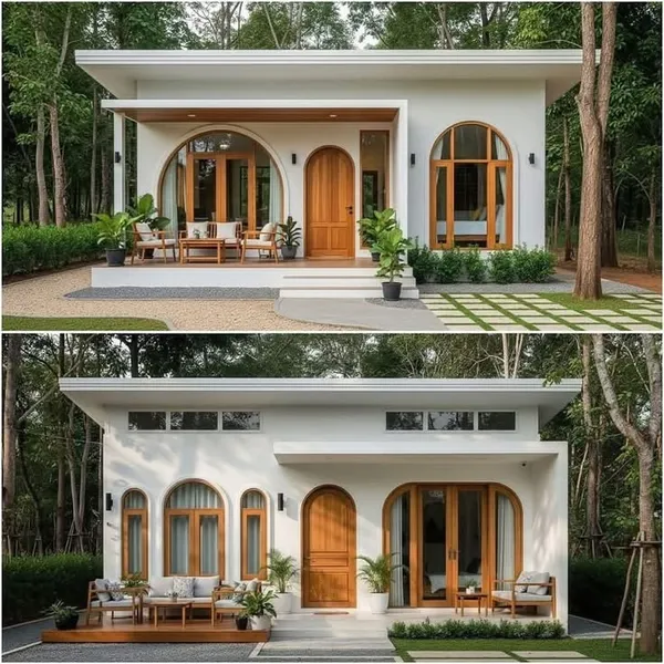 Mẫu nhà cấp 4 phong cách Tropical Modern có cửa vòm gỗ và sân vườn hiện đại