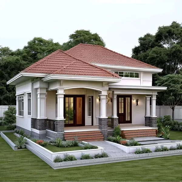 Mẫu nhà cấp 4 mái Thái lợp ngói đỏ