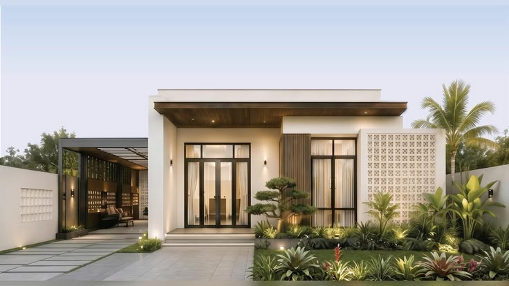 Mẫu nhà cấp 4 phong cách Tropical Modern hiện đại, kết hợp hài hòa giữa kiến trúc nhiệt đới và vẻ đẹp tối giản, tạo không gian sống xanh mát, sang trọng.