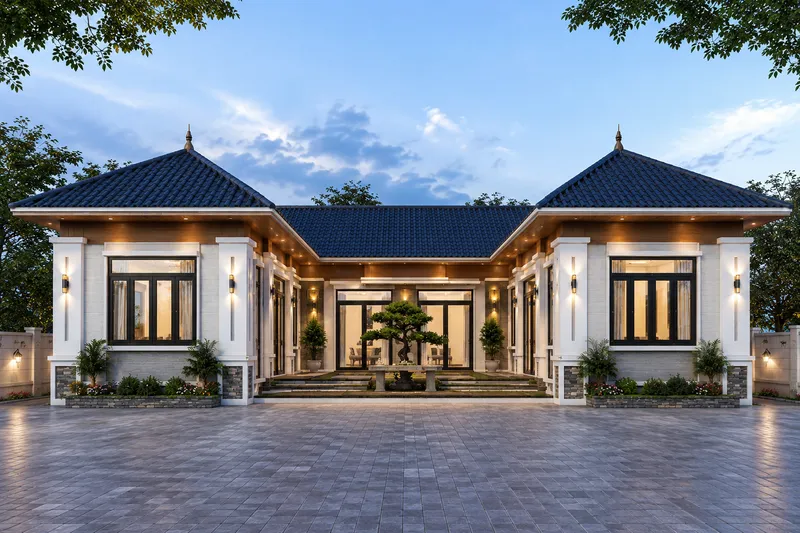 Mẫu nhà cấp 4 hình chữ U mái Nhật màu xanh đen, tường trắng phối ốp gỗ dưới mái, hệ cửa kính khung đen hiện đại và khoảng sân chính giữa đặt chậu cây tùng.