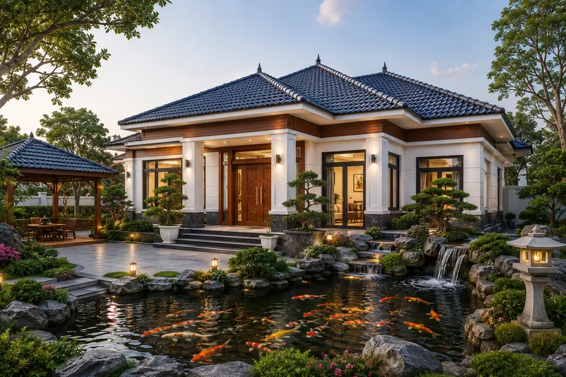 Biệt thự vườn cấp 4 mái Nhật màu trắng, ốp gỗ dưới mái, phía trước có hồ cá Koi lớn với thác nước đá và chòi nghỉ mát bên sân.