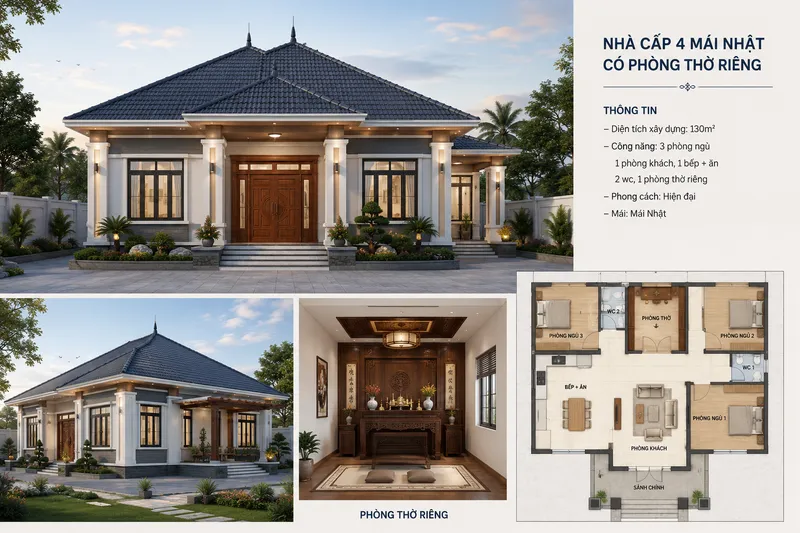 Bản vẽ tổng hợp mẫu nhà cấp 4 mái Nhật màu ghi xám phối trắng, bao gồm phối cảnh mặt tiền hiện đại, không gian phòng thờ riêng bằng gỗ sang trọng và sơ đồ mặt bằng công năng.
