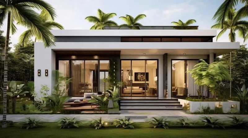 Mẫu nhà cấp 4 mái bằng hiện đại, thiết kế tinh tế với hệ thống cửa kính lớn, tối ưu không gian sống mở và gần gũi với thiên nhiên xanh mát.