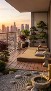 Sân thượng Zen Rooftop với tiểu cảnh đá, cây bonsai và không gian thư giãn phong cách Nhật Bản.