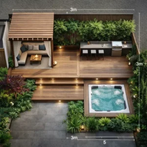 Mặt bằng thiết kế sân thượng có bể bơi mini jacuzzi, chòi nghỉ gỗ có rèm che, quầy bar bếp nướng BBQ ngoài trời và sàn gỗ nhựa hiện đại.