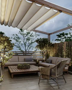 Sân thượng có mái che lắp ghép dạng bạt xếp lượn sóng, khung gỗ, bộ sofa gỗ ngoài trời cao cấp và sàn nhựa giả gỗ sang trọng