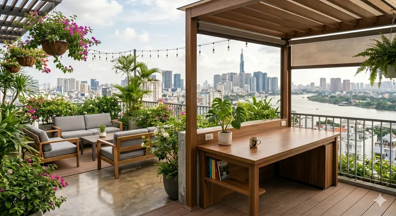 Không gian sân thượng đẹp có bàn làm việc bằng gỗ, mái che chòi combo ghế sofa thư giãn và view nhìn ra sông.
