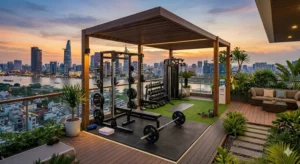 Thiết kế sân thượng kết hợp phòng gym ngoài trời có giàn tạ squat rack, tạ đòn, tạ tay dưới mái che pergola gỗ, thảm cỏ nhân tạo và khu sofa thư giãN