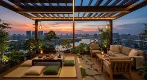 Không gian phòng trà đạo thiền định trên sân thượng với chiếu tatami, bàn trà bệt, cây bonsai và view sông thành phố.