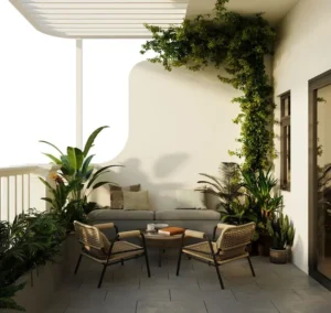 Sân thượng hiện đại với mái lam gỗ, sofa ngoài trời và không gian thư giãn xanh mát trên tầng cao.