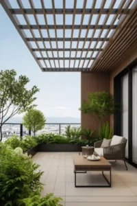Thiết kế sân thượng phong cách Scandinavian với giàn hoa gỗ, cây xanh mướt và bộ bàn ghế sofa thư giãn ngoài trời.