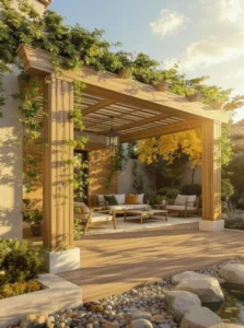 Thiết kế sân thượng xanh với giàn pergola gỗ lớn có cây leo bao phủ, bộ sofa gỗ ngoài trời, sàn gỗ và lối đi rải sỏi đá tự nhiên sang trọng.