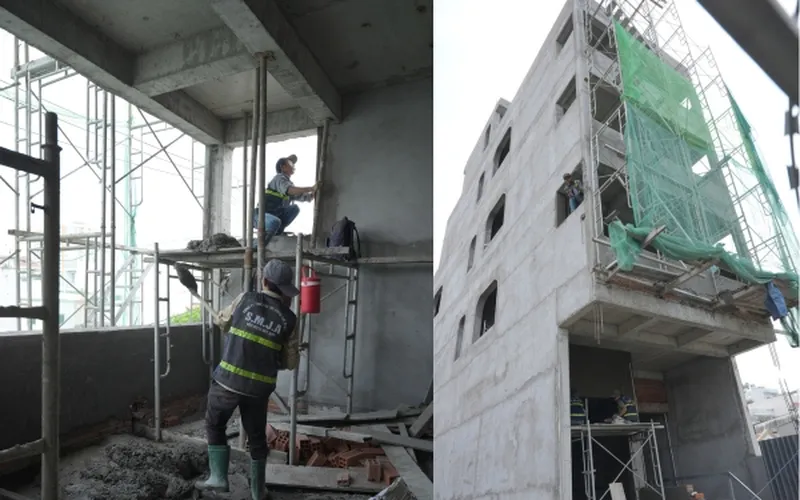 Hình ảnh thể hiện công tác thi công xây trát tường và hoàn thiện nhà bàn giao thô.