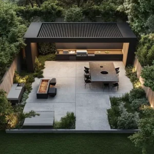 Sân thượng BBQ hiện đại với bếp nướng ngoài trời, bàn ăn lớn và không gian tụ họp gia đình.