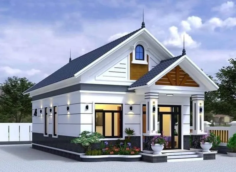 Thiết kế nhà cấp 4 mái thái với phối cảnh góc cạnh hiện đại, tông màu nâu xám kết hợp trắng tinh tế.