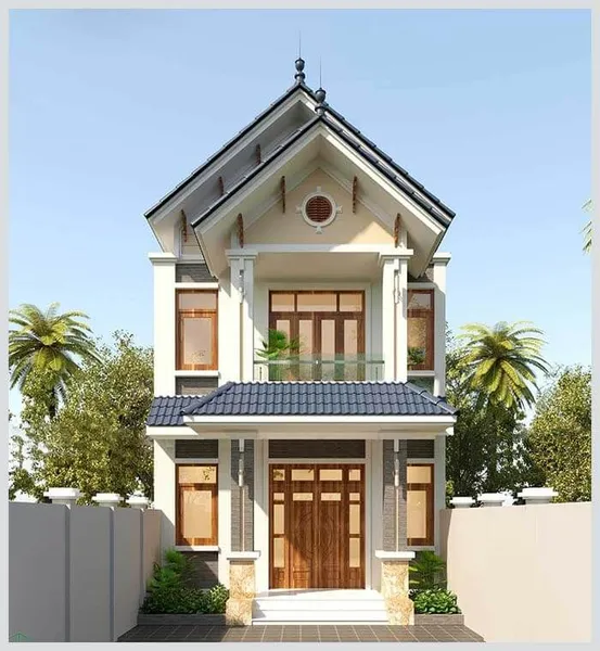 Mẫu nhà 2 tầng mái thái sang trọng, thiết kế hiện đại với hệ mái thái vững chãi và cửa gỗ ấn tượng.