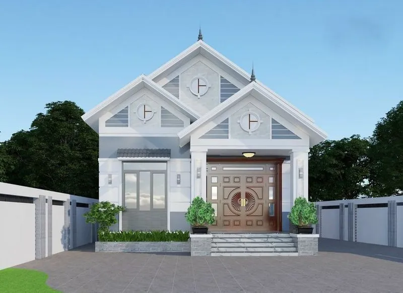 Mẫu nhà cấp 4 mái thái đẹp, thiết kế hiện đại, tinh tế với gam màu trắng xám sang trọng.