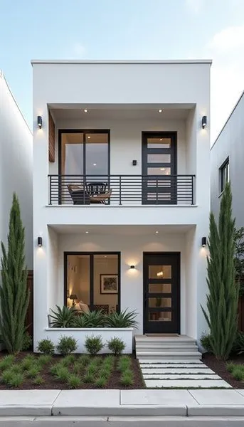 Thiết kế nhà phố 2 tầng hiện đại, phong cách tối giản với tông màu trắng chủ đạo và ban công thoáng đãng