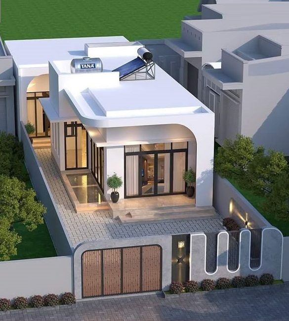 Mẫu nhà cấp 4 phong cách Minimalist (tối giản) hiện đại, sở hữu thiết kế độc đáo với đường nét mềm mại và không gian sống tiện nghi, thoáng đãng.
