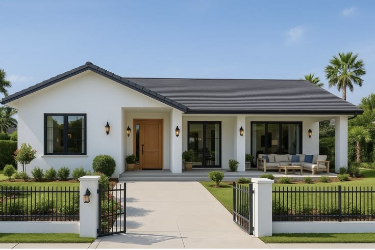 Mẫu nhà cấp 4 phong cách Scandinavian tinh tế, nổi bật với tông màu trắng sang trọng, kiến trúc mái thái hài hòa và không gian sống mở gần gũi thiên nhiên.