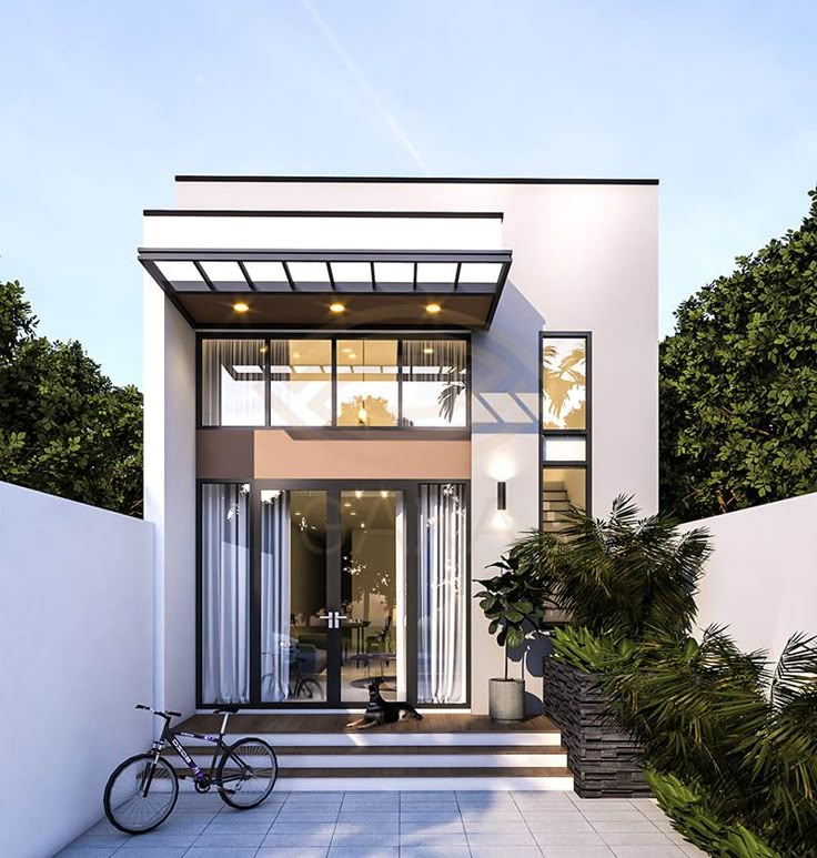 Mẫu nhà cấp 4 gác lửng mái bằng hiện đại mặt tiền 4m 5m, thiết kế vách kính lớn sang trọng, có mái hiên sắt hộp và khoảng sân trước để xe tiện lợi.