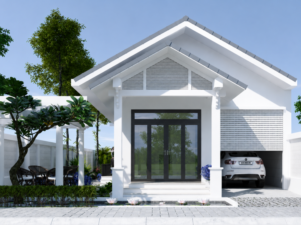 Mẫu nhà cấp 4 hiện đại có gara ô tô tiện nghi, thiết kế sang trọng với kiến trúc tối giản và không gian sống thoáng đãng.