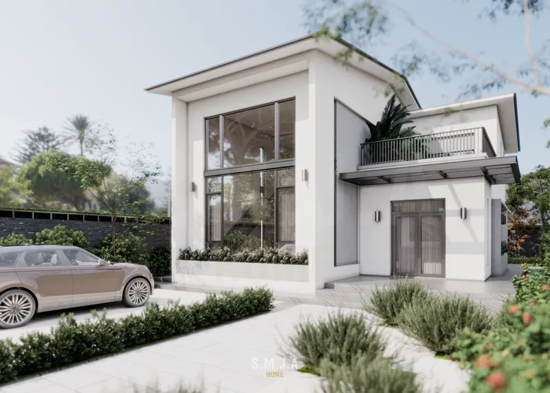 Mẫu nhà cấp 4 hiện đại mái lệch tone trắng có gác lửng, sở hữu vách kính thông tầng lớn sang trọng, ban công rộng và sân vườn tiểu cảnh xanh mát.