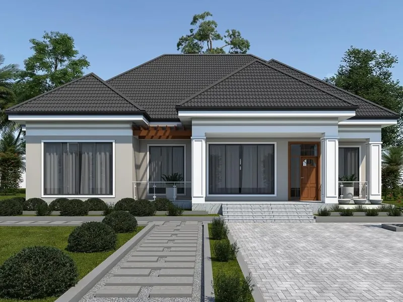Mẫu nhà cấp 4 mái Nhật màu xám hiện đại có 4 phòng ngủ