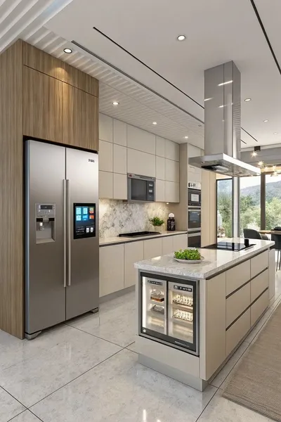Mẫu phòng bếp đẹp hiện đại sang trọng với đảo bếp tích hợp tủ rượu mini và tủ lạnh thông minh