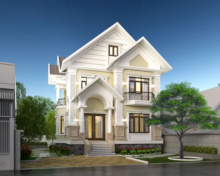 Mẫu biệt thự mái Thái 2 tầng tân cổ điển sang trọng phối màu vàng nhạt và trắng kem, mặt tiền rộng rãi có sân vườn bao quanh.