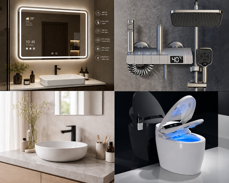 Tổng hợp các thiết bị nhà tắm thông minh gồm gương cảm ứng hiển thị thời tiết, bộ sen tắm nhiệt độ kỹ thuật số, chậu rửa và bồn cầu thông minh