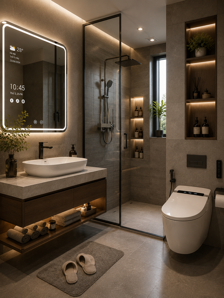 Mẫu Nhà Vệ Sinh Đẹp Hiện Đại Tích Hợp Thiết Bị Thông Minh Cao Cấp