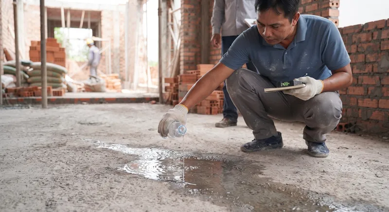 Gia chủ đang thực hiện kiểm tra độ dốc sàn tại công trình bằng cách đổ nước, đảm bảo khả năng thoát nước tối ưu và đúng kỹ thuật trước khi hoàn thiện bề mặt.