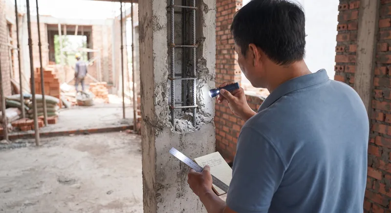 Gia chủ soi đèn pin kiểm tra kỹ thuật kết cấu cột bê tông cốt thép bị rỗ tổ ong tại công trường nhằm phát hiện các lỗi thi công thô trước khi nghiệm thu.