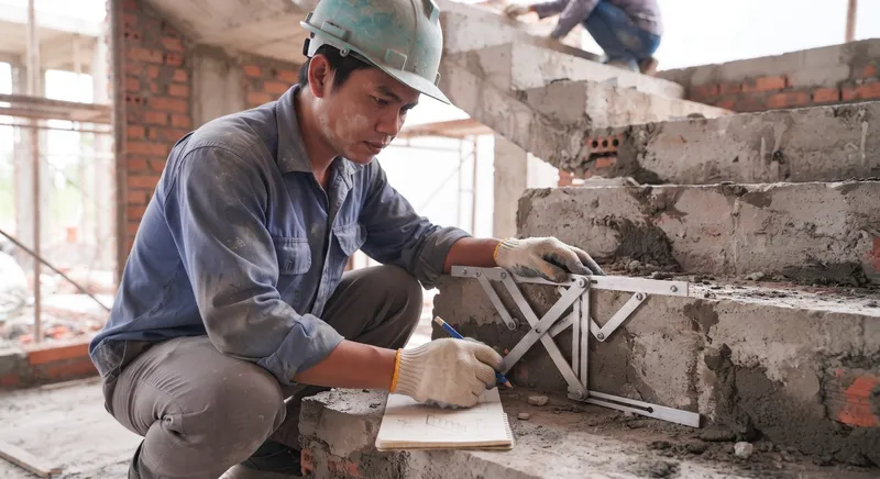 Người thợ xây dựng đang sử dụng thước đo chuyên dụng để kiểm tra kích thước bậc cầu thang tại công trường, đảm bảo độ chính xác theo bản vẽ kỹ thuật.