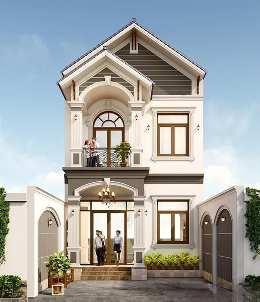 Mẫu nhà phố mái Thái 2 tầng tân cổ điển mặt tiền hẹp, phối màu trắng kem và nâu xám sang trọng kèm ban công hoa văn sắt.